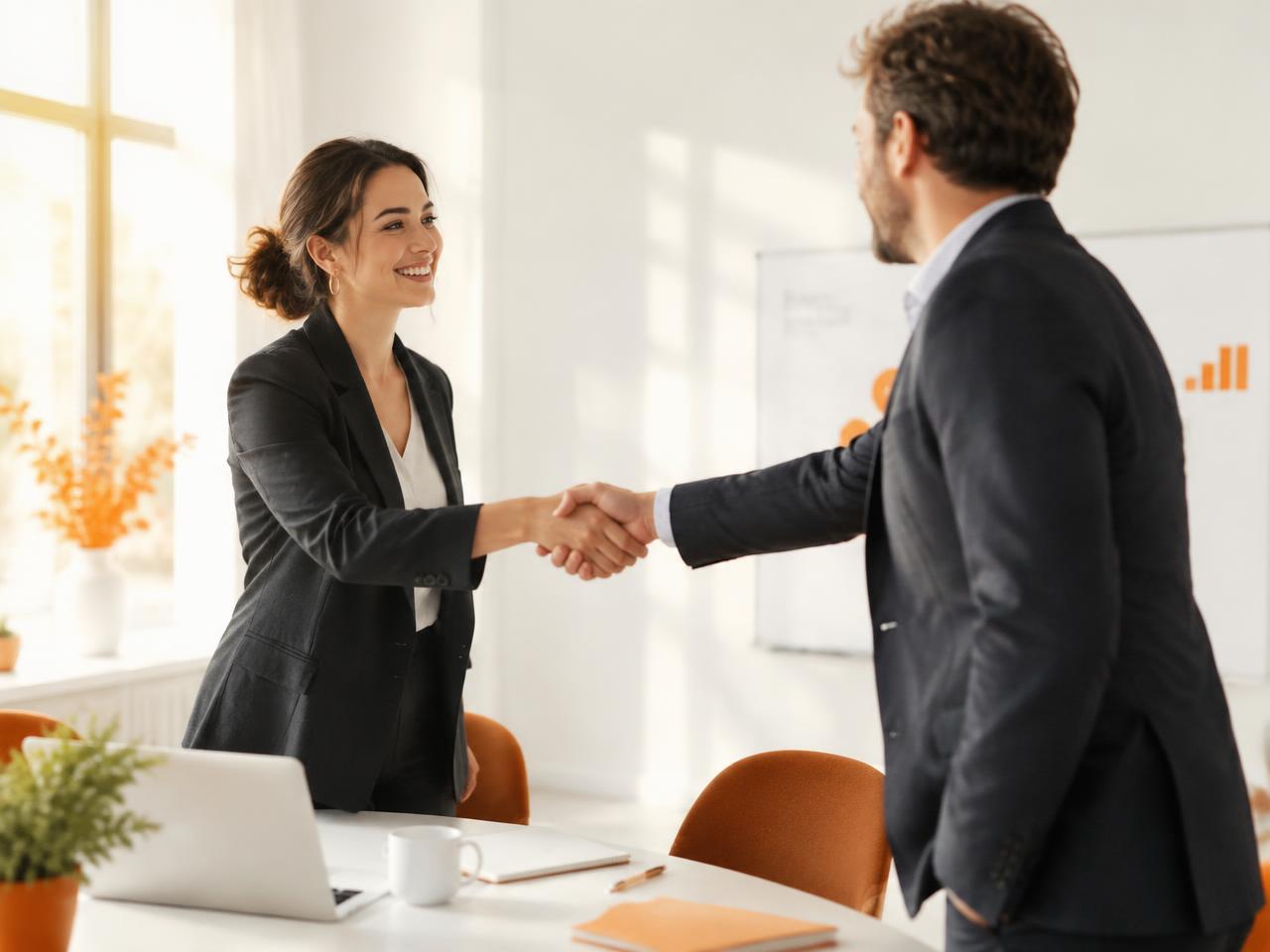 Two business people shaking hands at the start of a meeting